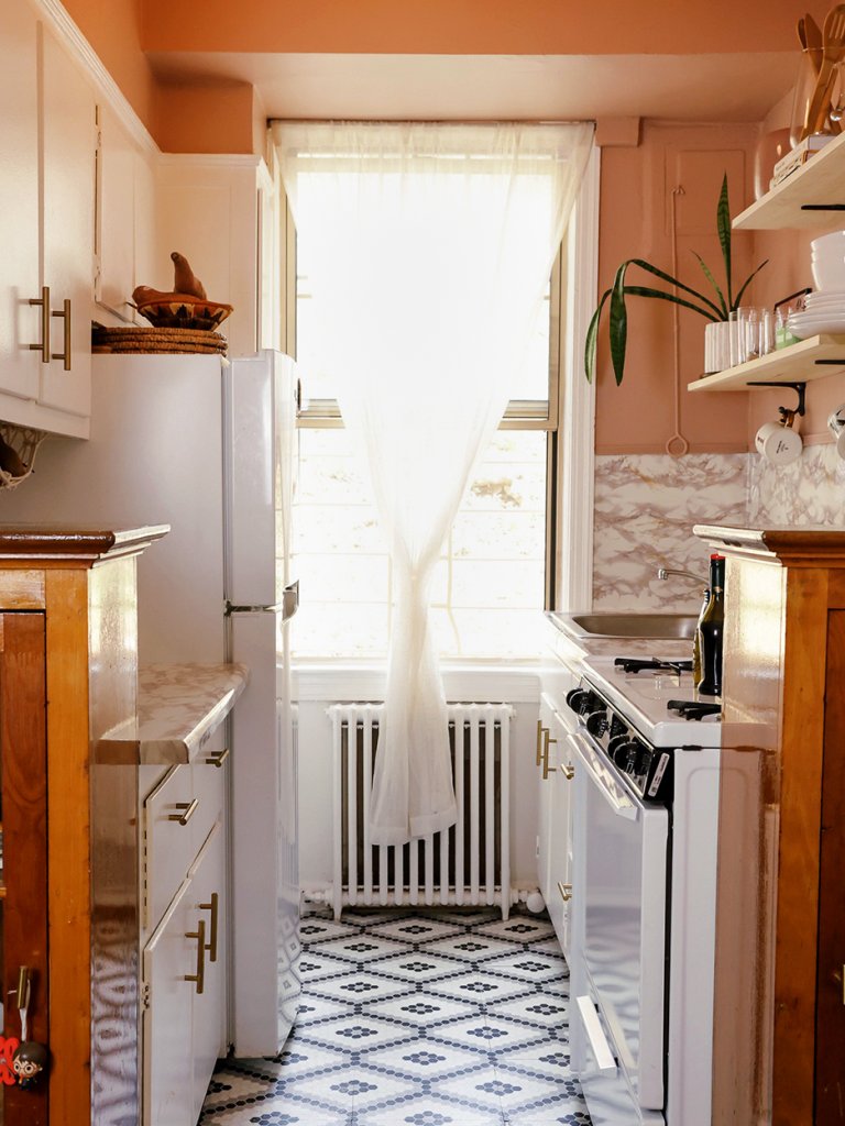 Pink galley kitchen