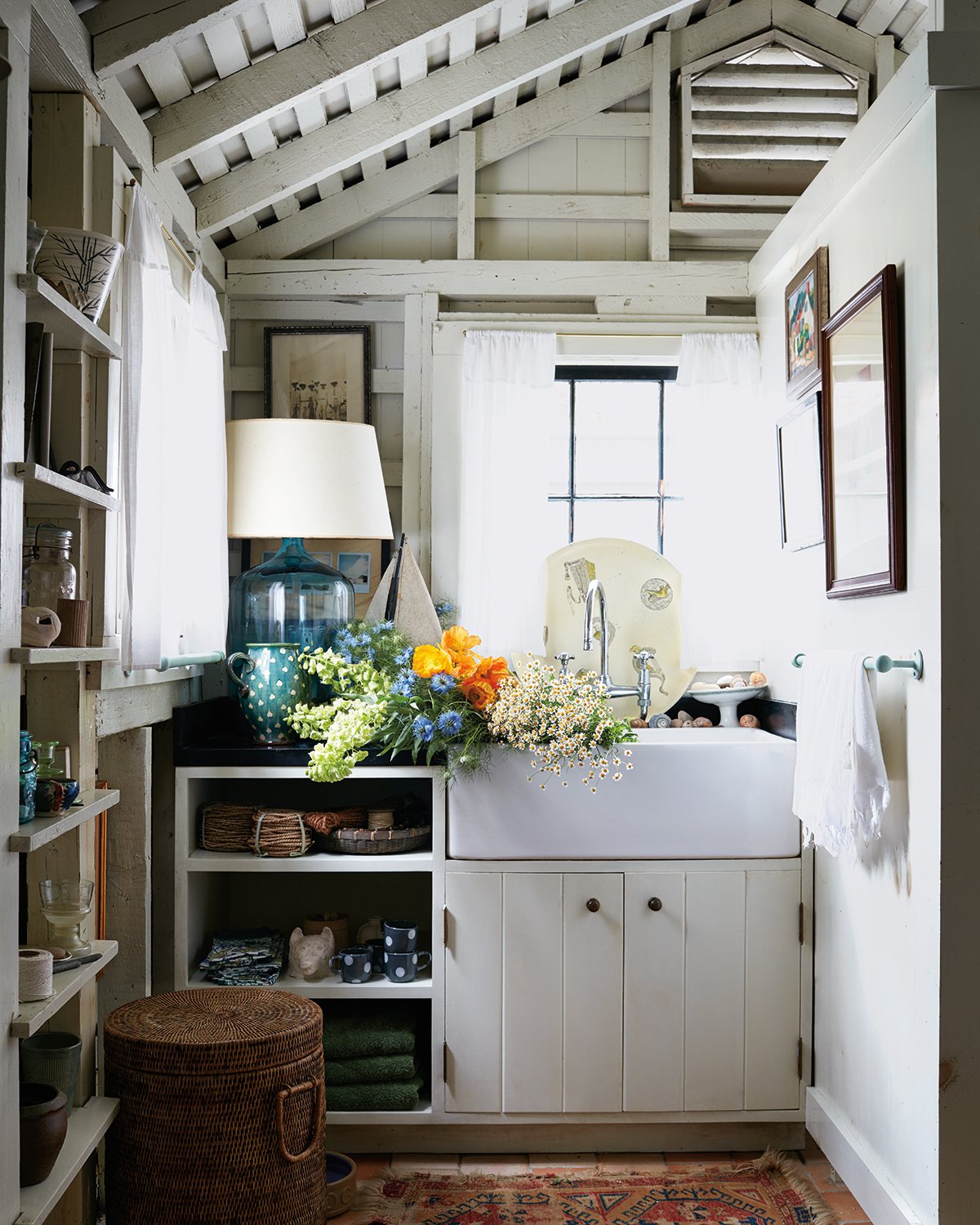 pool house sink filling with flowers