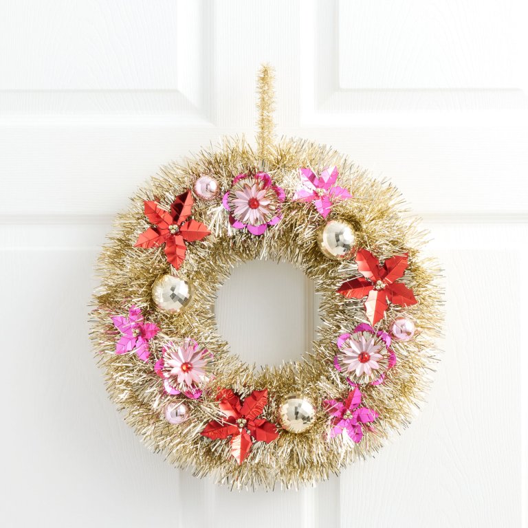  gold tinsel wreath with pink and red accents