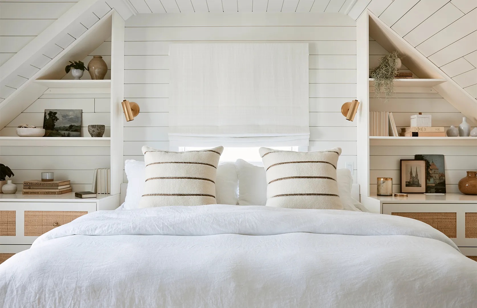 shelves on either side of bed