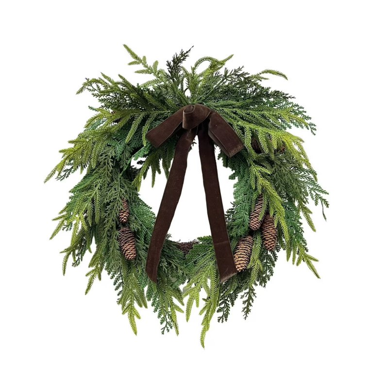  wreath with pinecones and brown bow