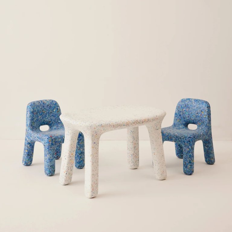  blue and white speckled kids table and chairs
