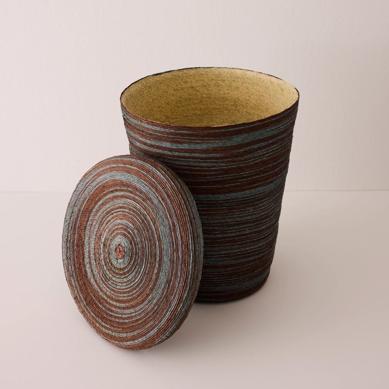  brown and blue striated woven palm hamper