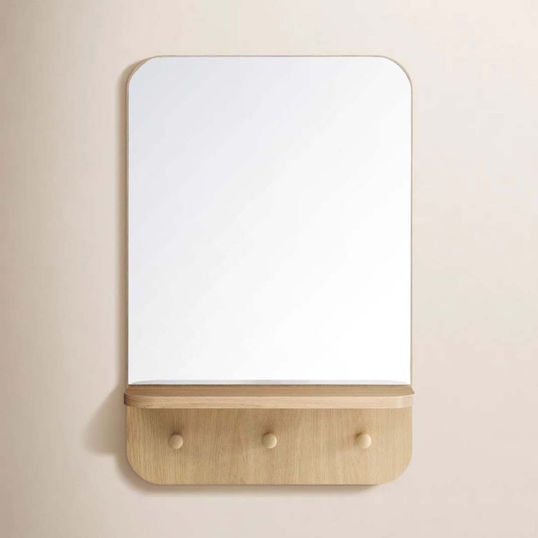 Wood mirror with shelf and pegs