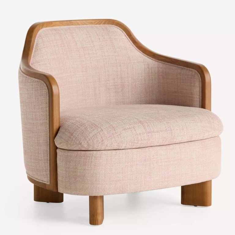  Linen accent chair with wood trim and feet