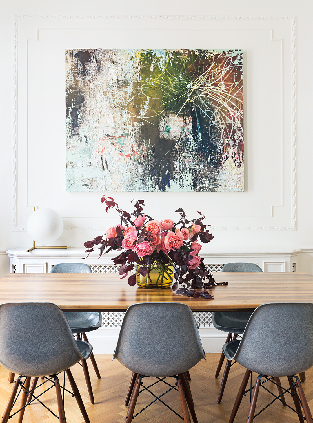 dining room with large statement artwork