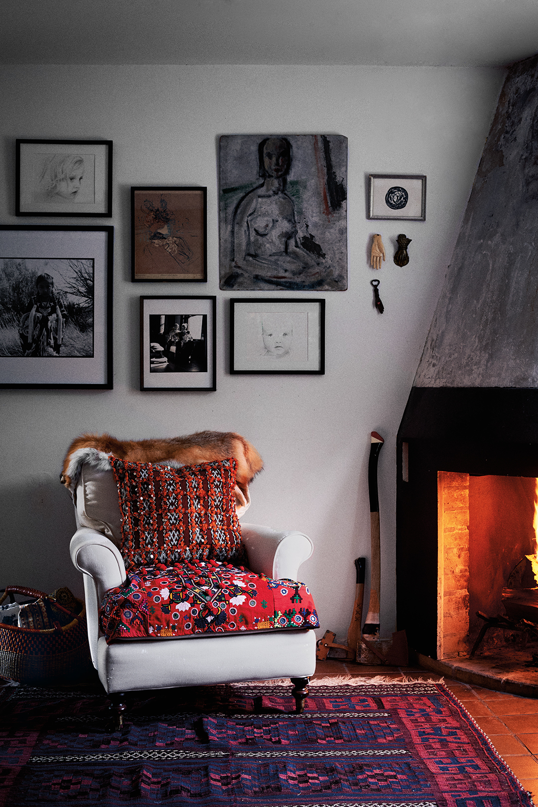 armchair next to fireplace