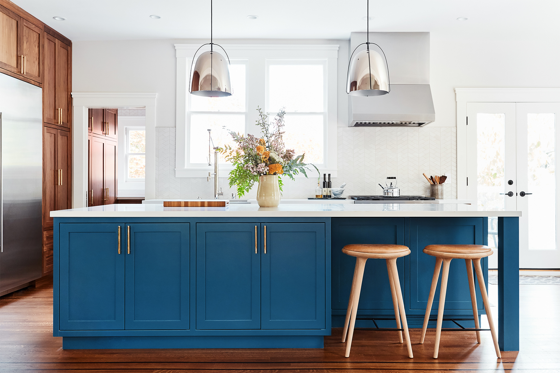 Kitchen with blue island