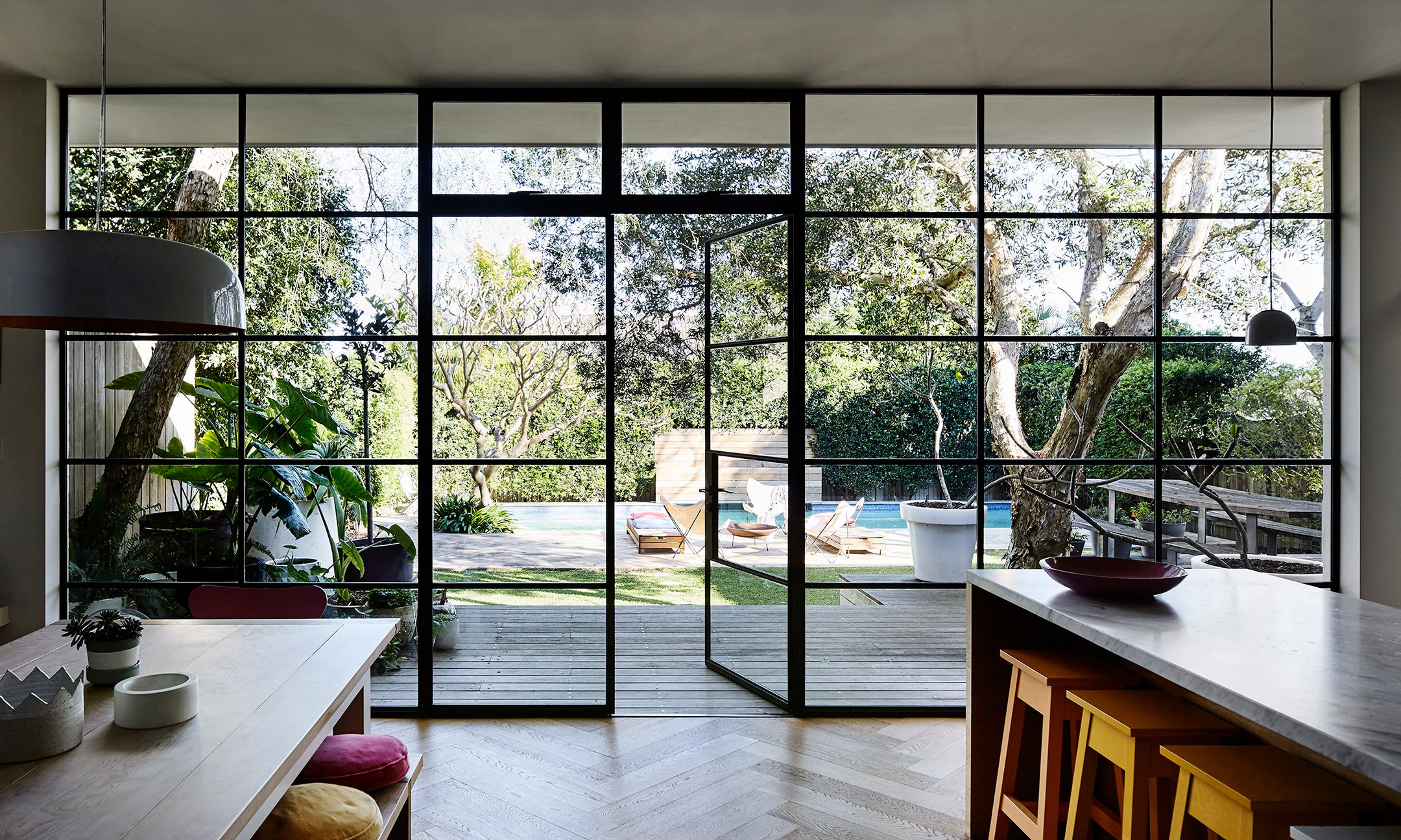 kitchen with wall of windows