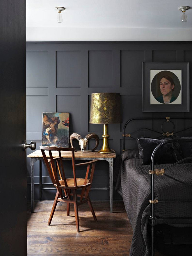 matte black wood panel bedroom