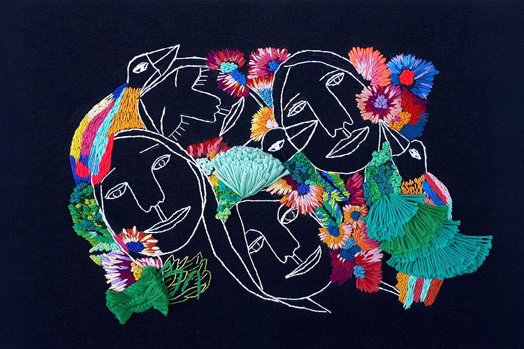 Embroidery portrait of faces and florals