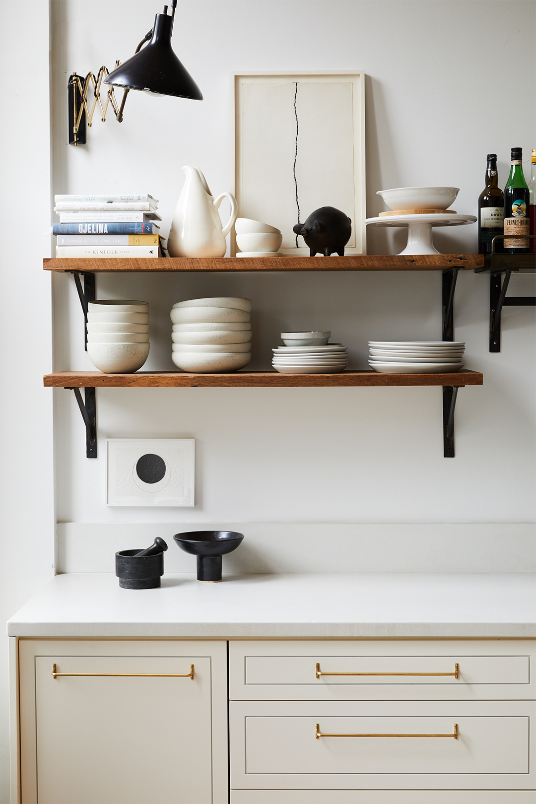 white cabinets with open shelving