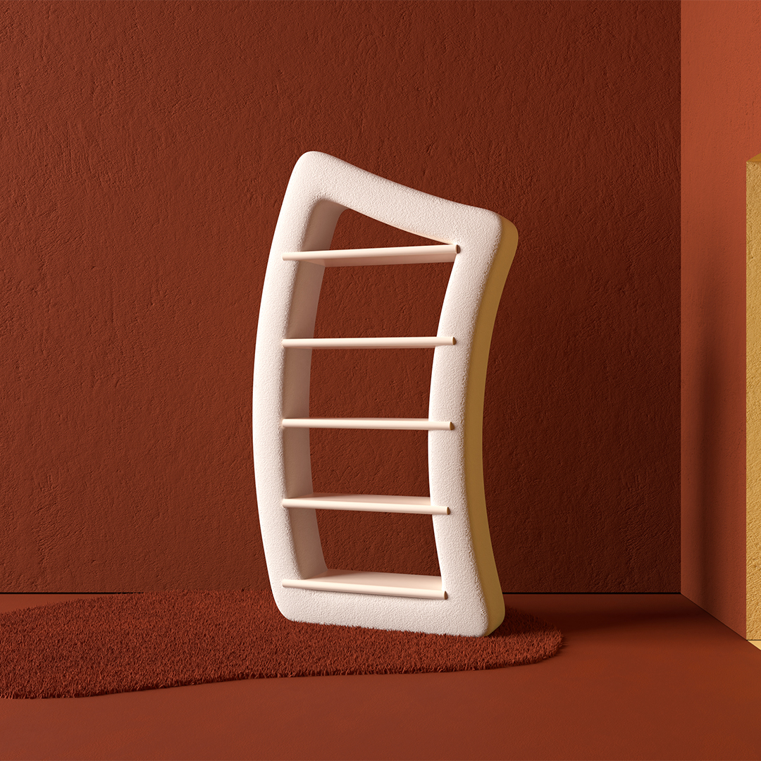 curvy pink bookcase in red room