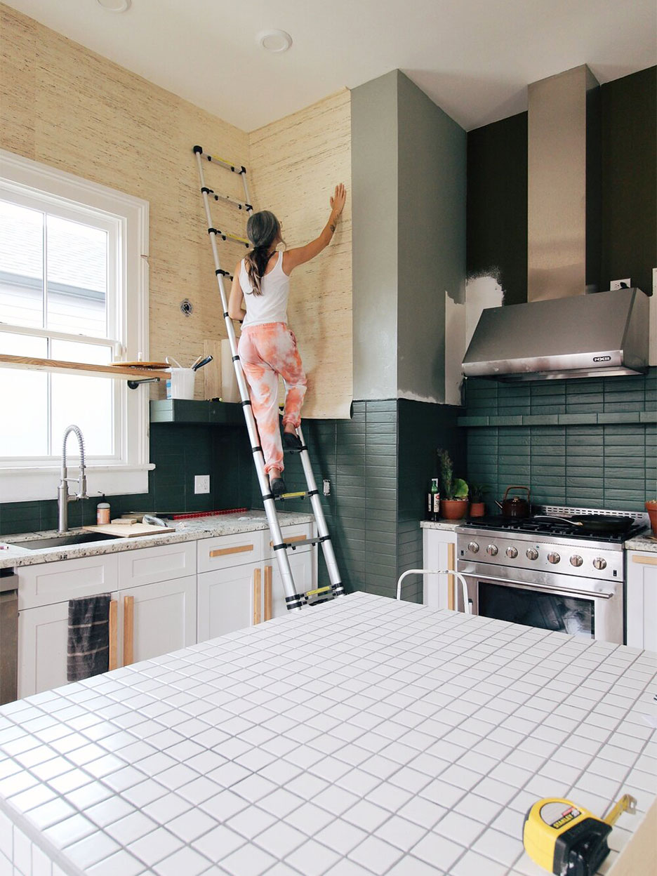 Wallpaper installation in Liz Karamul's kitchen