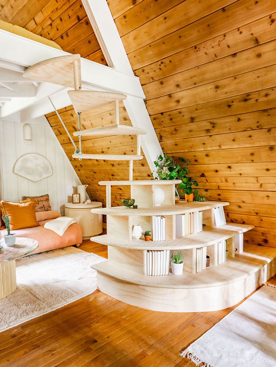 Bookcase stairs in a-frame