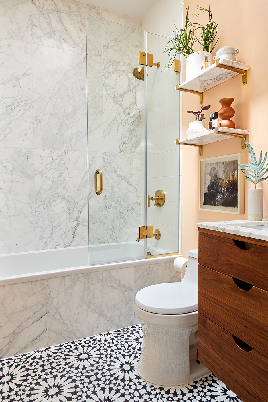 chic bathroom with graphic floor