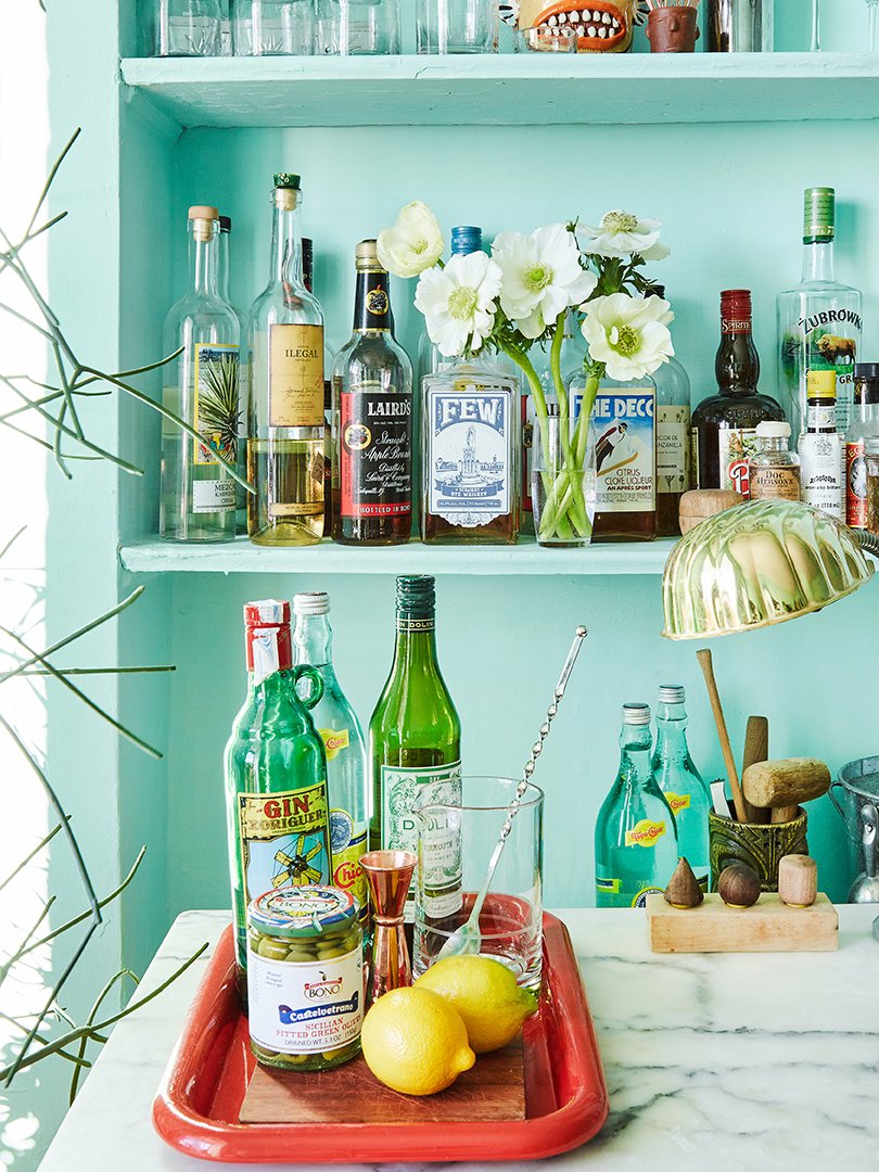 Liquor bottles on bar shelves