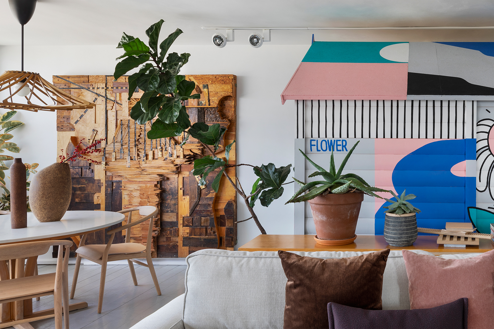 colorful living room with wood finitions