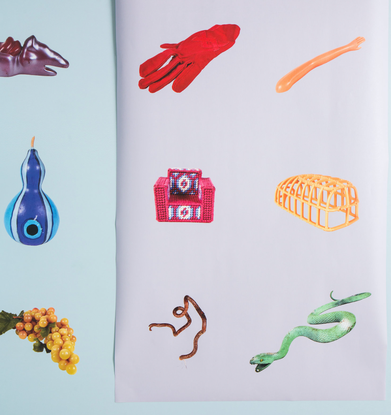  Wallpaper with snake, grapes, doll arm and other objects