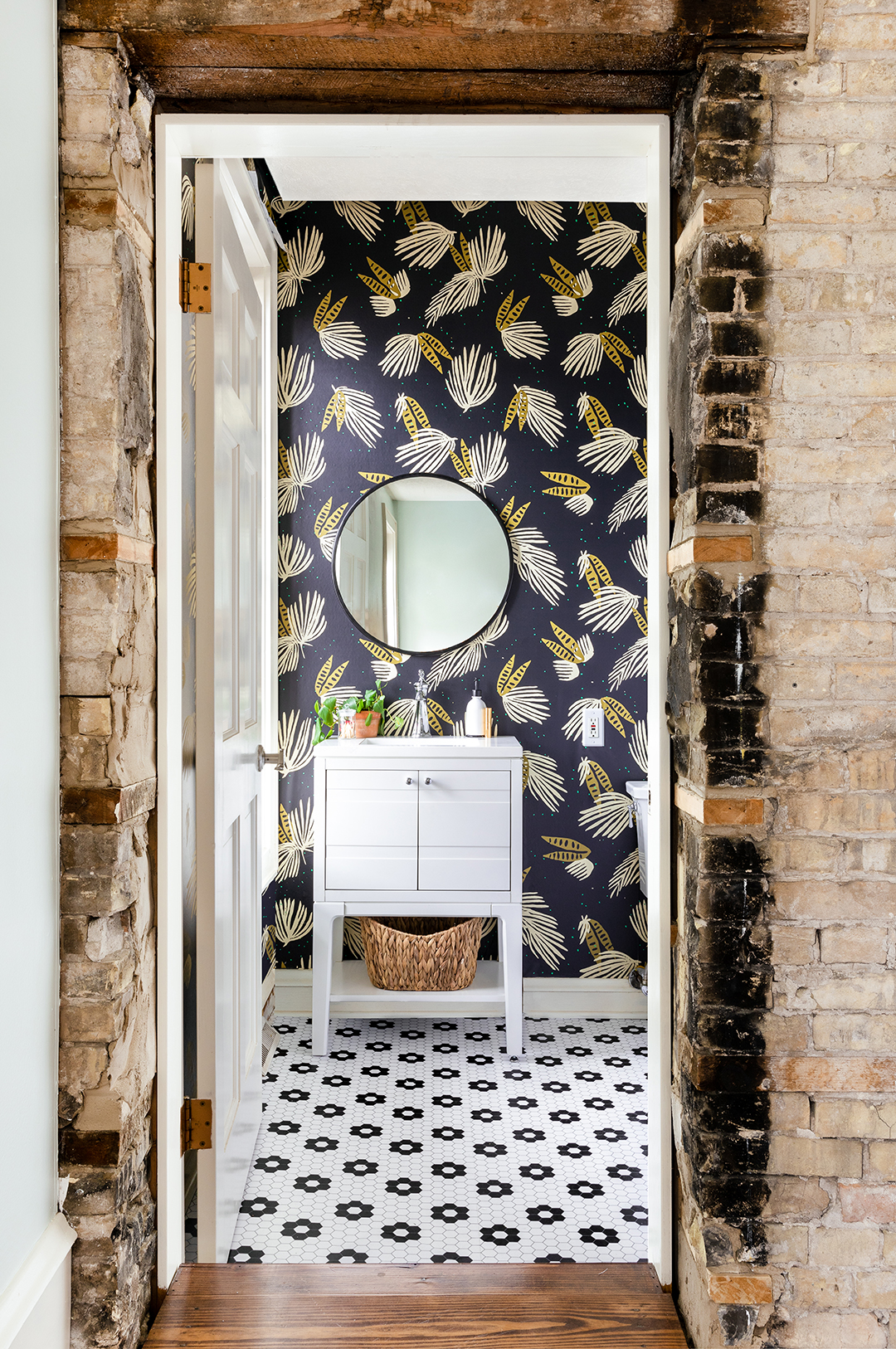 powder room with wallpaper