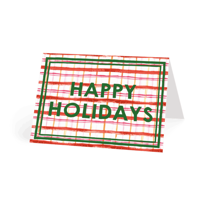  happy holidays plaid green and red card