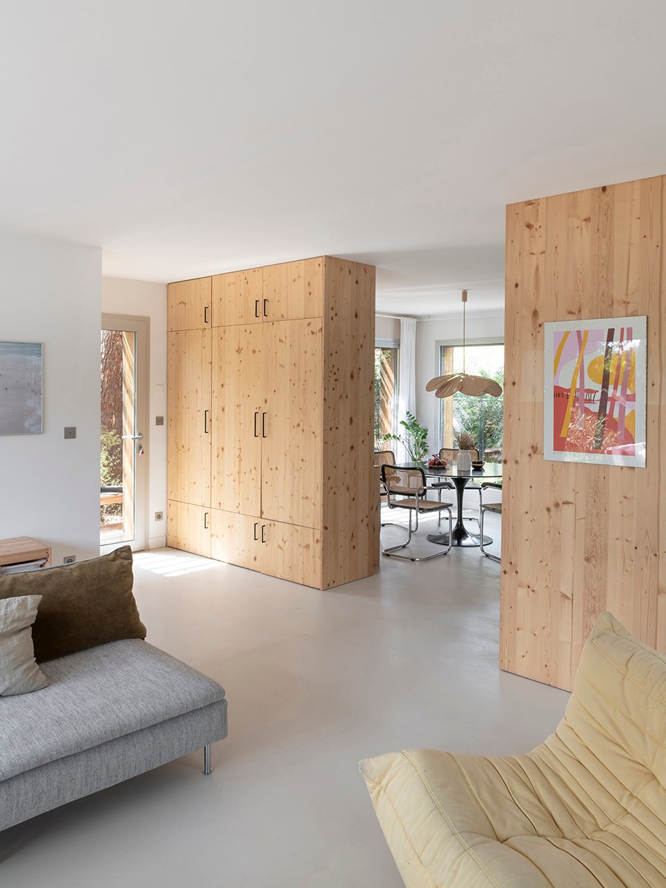 living room with plywood storage