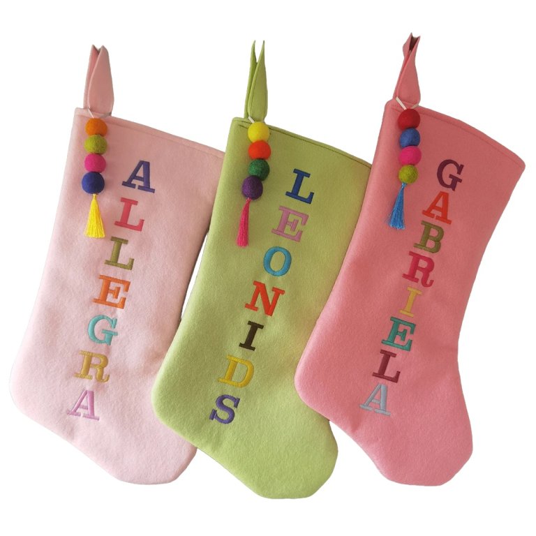  solid-color pastel stockings with embroidered names