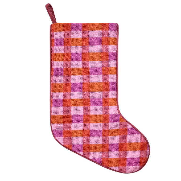  pink, purple, and red plaid stocking