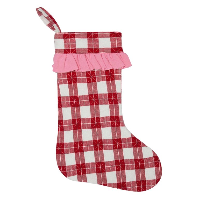  red plaid stocking with pink ruffle
