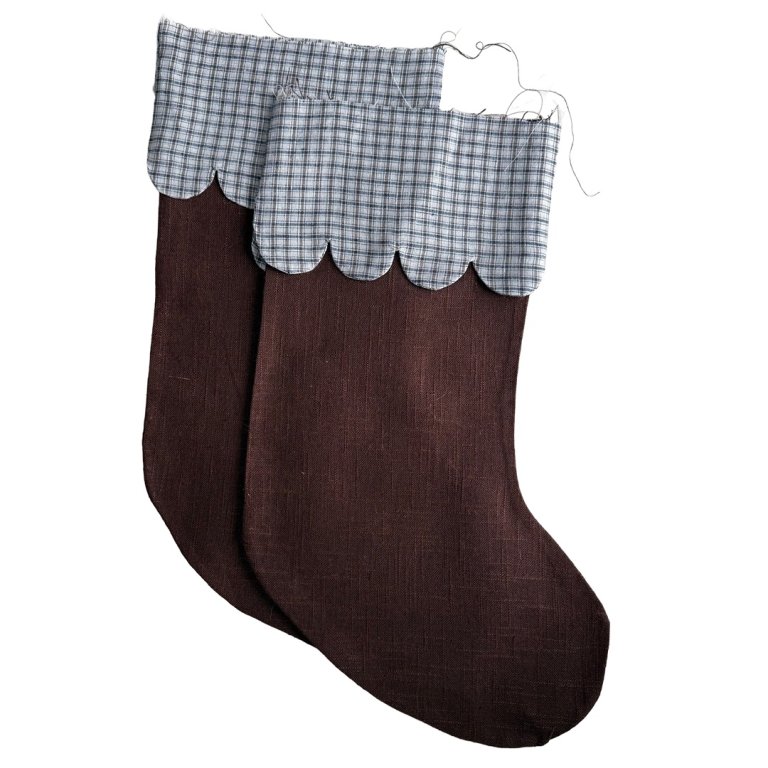  brown stocking with blue gingham cuff