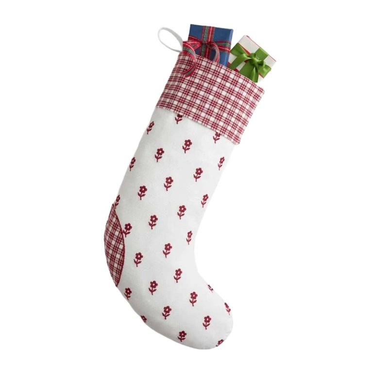  white stocking with red floral pattern