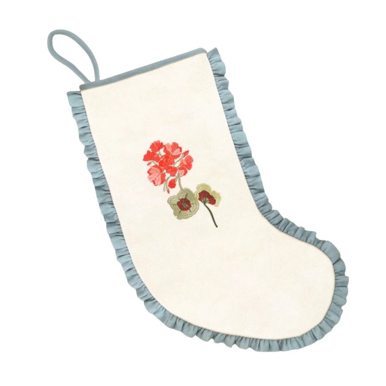  cream stocking with flower embroidery and blue trim