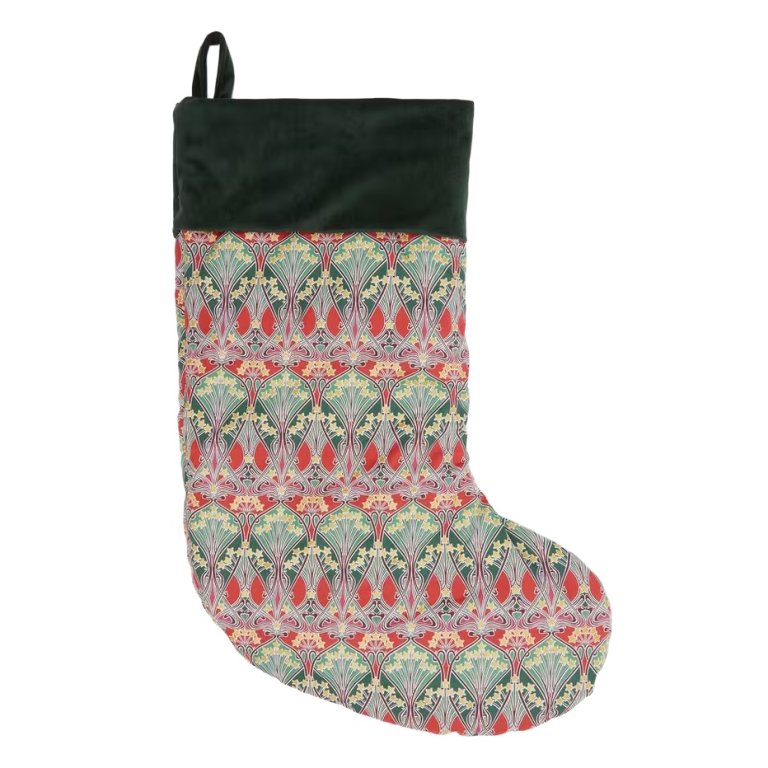  patterned christmas stocking with green velvet cuff