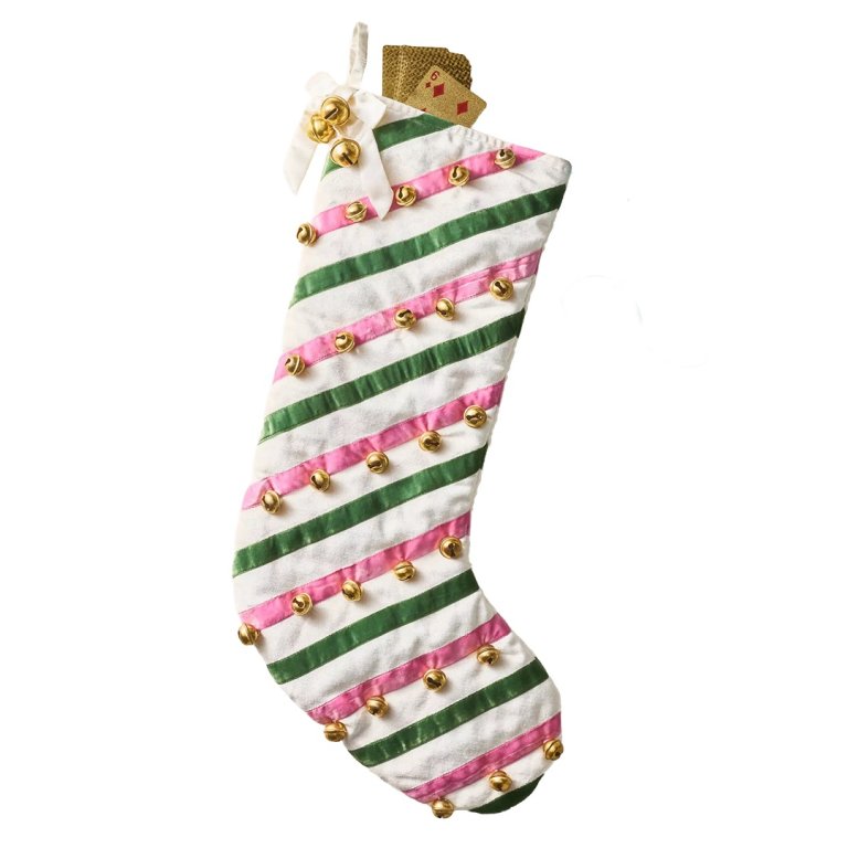  pink and green striped stocking with bells