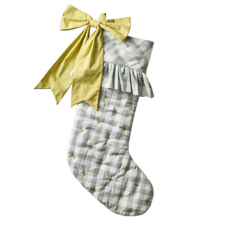  blue gingham stocking with lime green bow