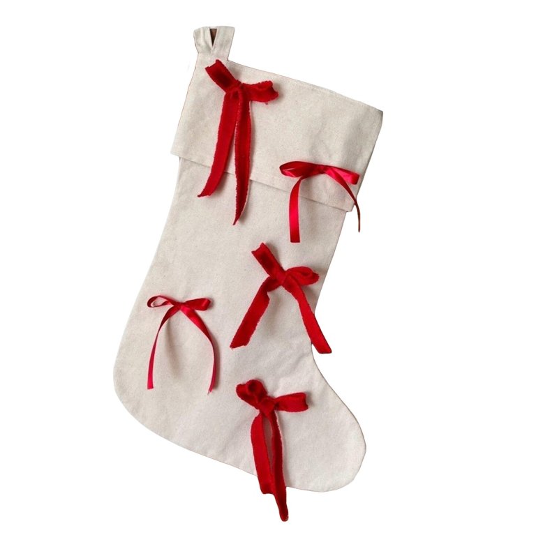  cream stocking with red bow appliques