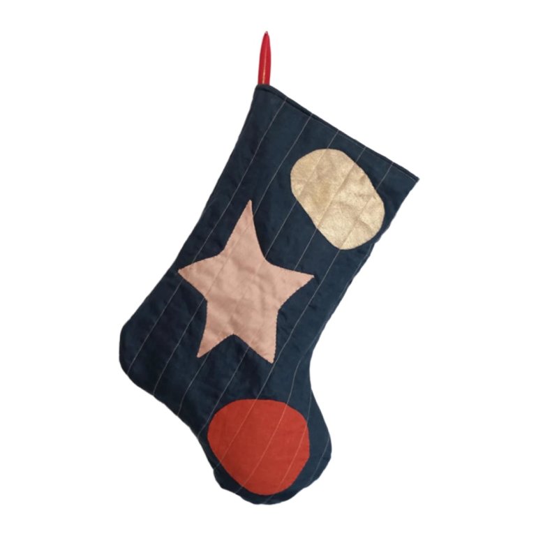  navy, pink, and red abstract christmas stocking