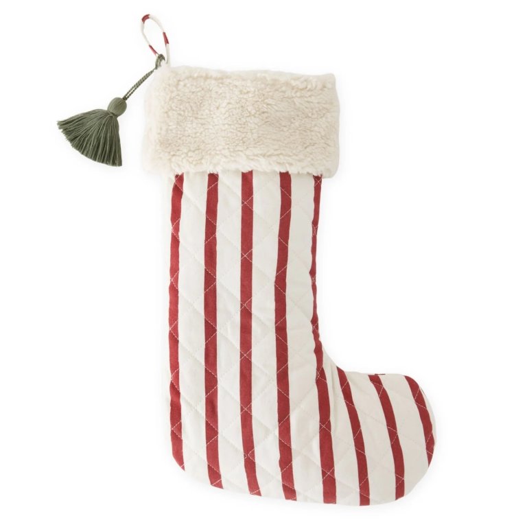  red striped holiday stocking with fur cuff