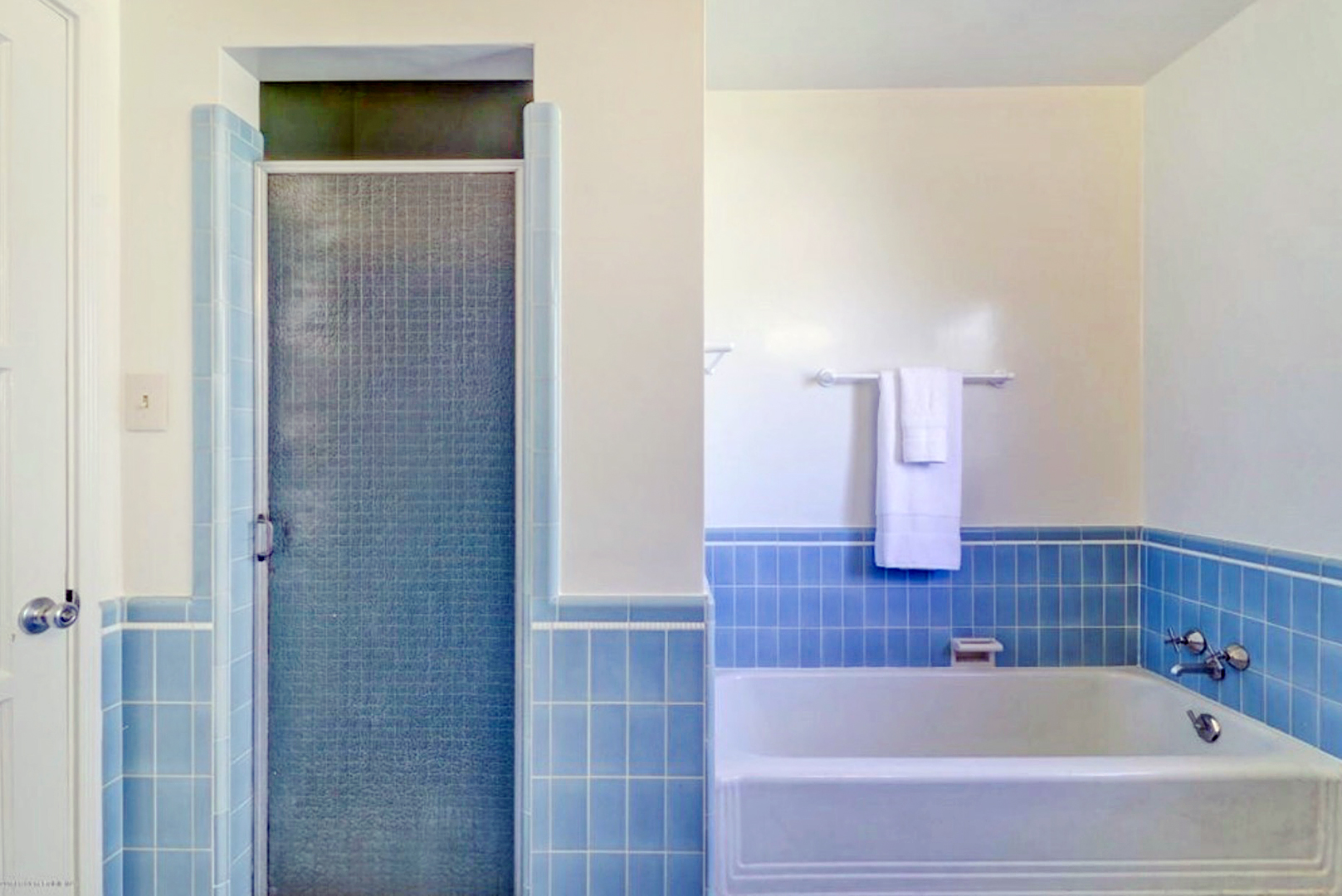 blue tiled bathroom, before updates