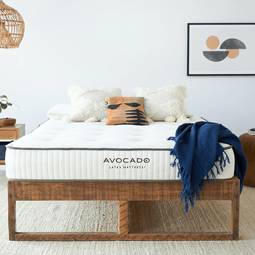  Avocado latex mattress on wood bed frame