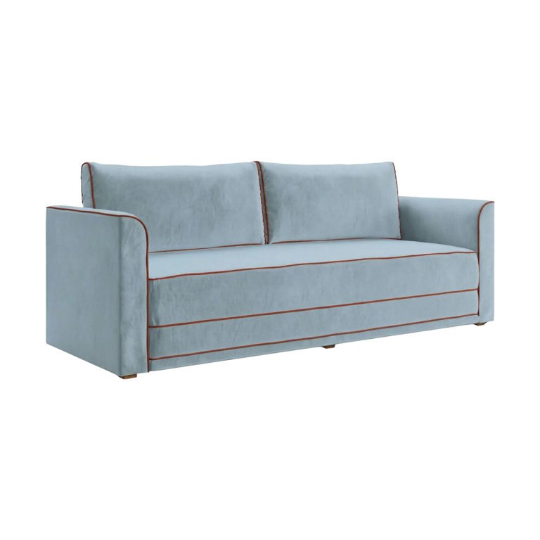 Light blue sofa with brown piping on white background.
