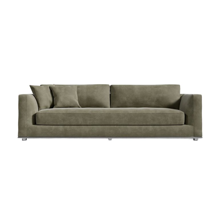 Sage green long sofa on white background.
