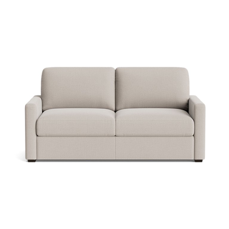 Beige two-seater sofa on white background.