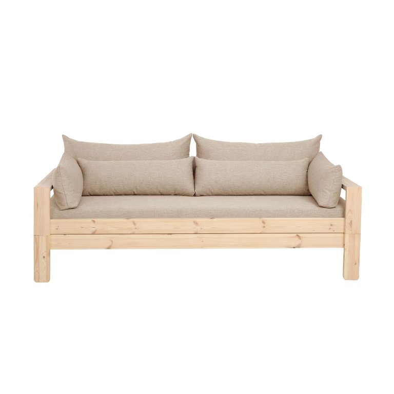Beige cushion sofa with pine wood frame on white background.