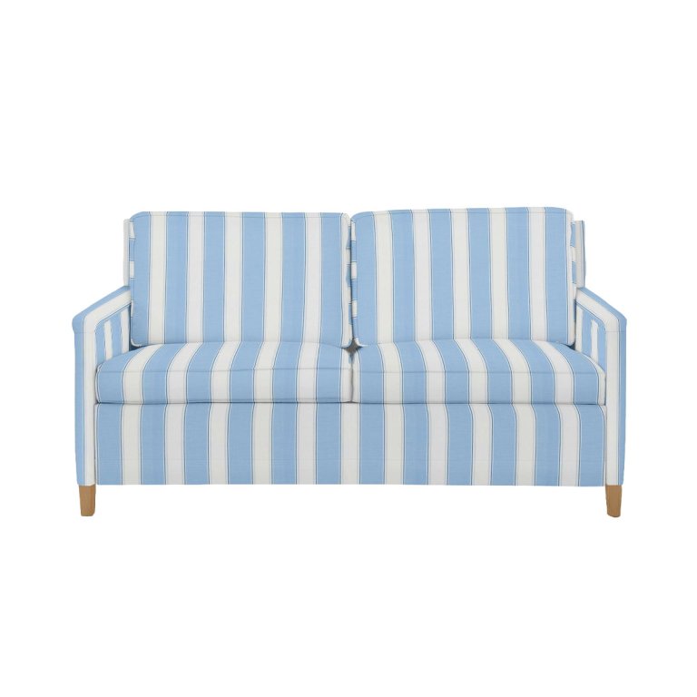 Blue and white striped sofa on white background.