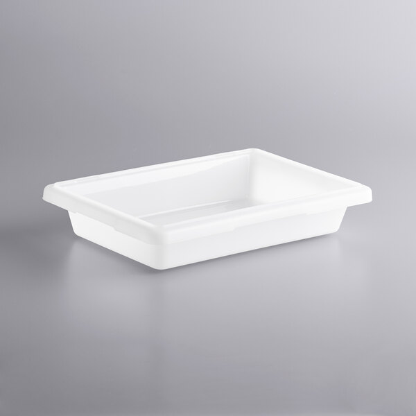  White polyethylene food storage box against a gray background.