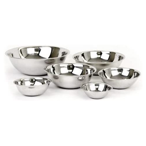  Six stainless steel bowls clustered together against a white background.
