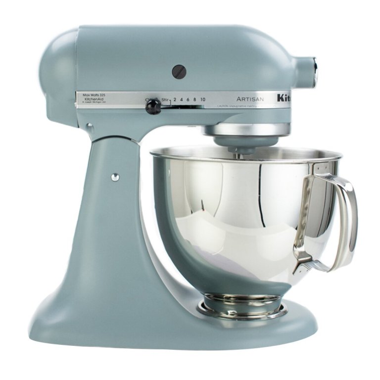  Baby blue Kitchen Aid stand mixer against a white background.