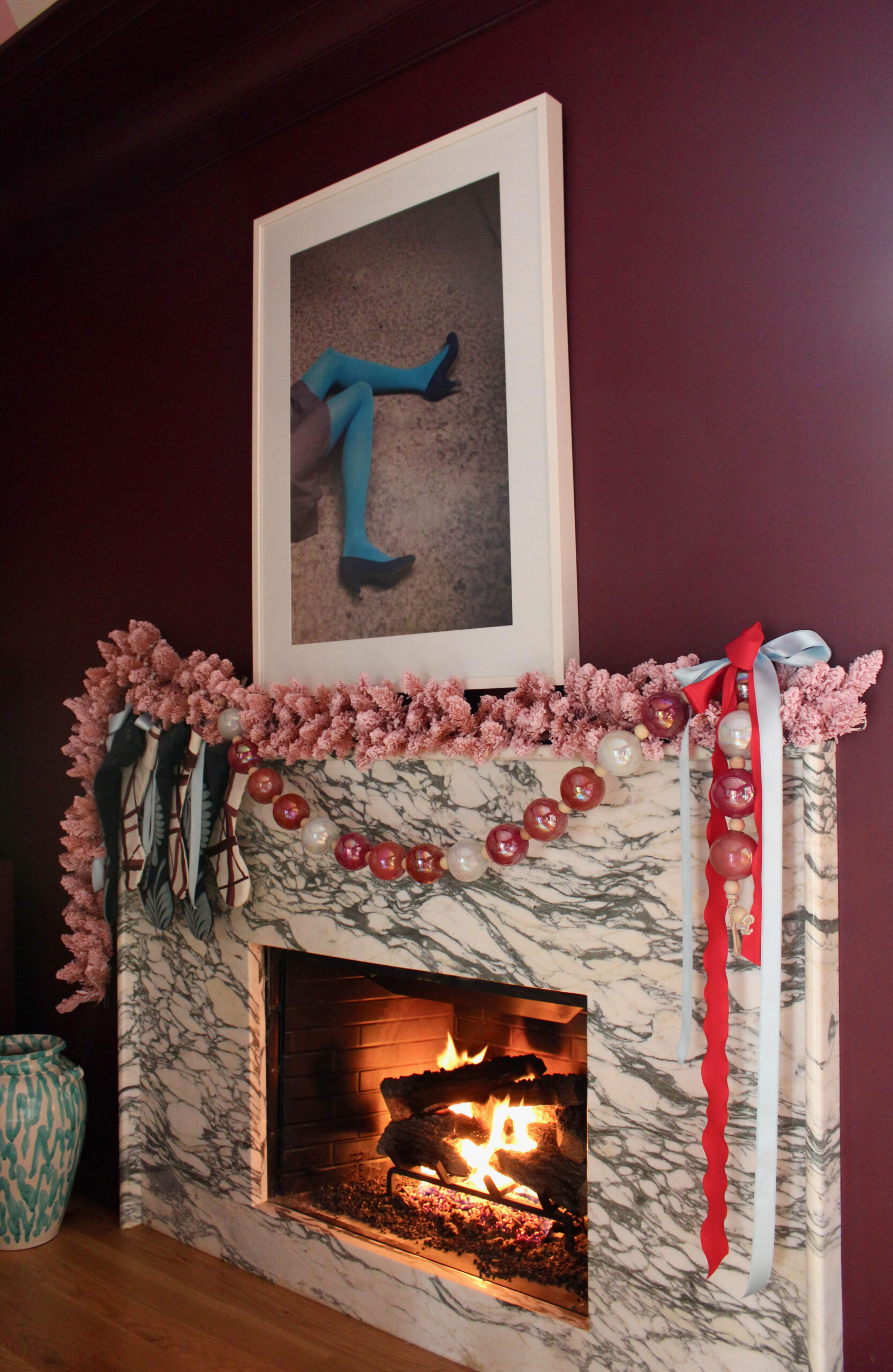 pink garland on mantel