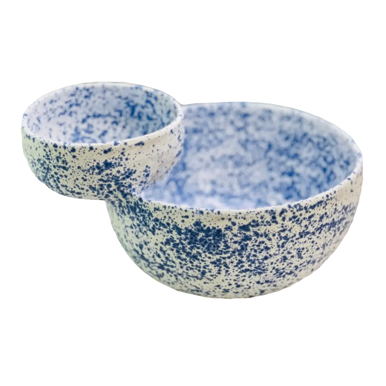  blue speckled ceramic chip and dip bowl